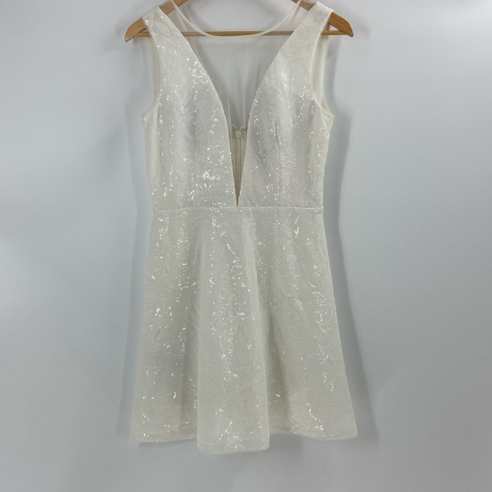 BCBGMaxazria cocktail dress shimmer fit & flare illusion neckline sequins